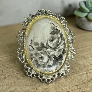 Signed Vtg Hand Painted Porcelain Rose Brooch Pendant Silver Tone Filigree